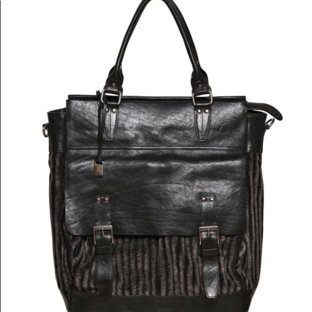 John Varvatos Black Leather Antique Cotton Cord Tote